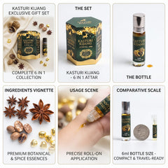 Al Bushra Kasturi Kijang Attar 6 in 1 Gift Box | Premium Alcohol-Free Fragrance Oil | 6ml x 6 Roll-On Bottles Set